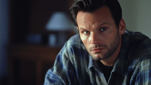 Man in plaid shirt is seated indoors facing camera directly