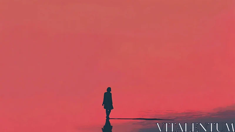 Silhouette of solitary figure against expansive red sky.