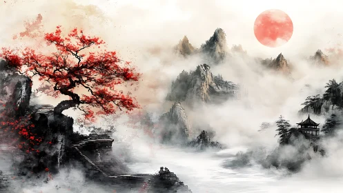 Crimson tree and quiet pagoda in misty mountain sunrise.