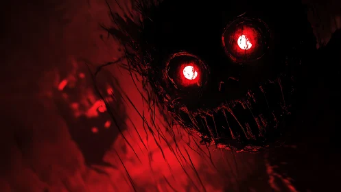 Sinister red-eyed shadow creature glows in the darkness