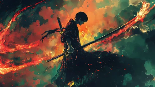 Lone anime swordsman wielding blazing katana in storm sky.
