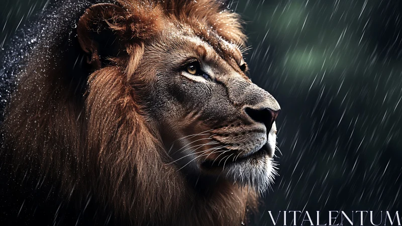 Majestic lion profile rendered in hyper-realistic rain lighting