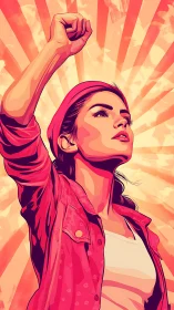 Defiant woman raises her fist against radiant sunrise backdrop