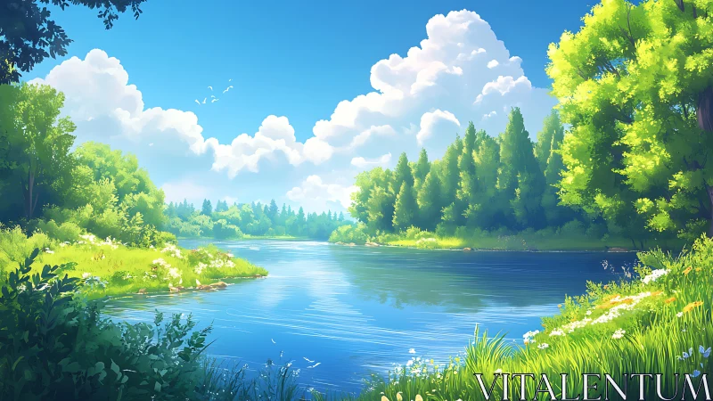 River landscape with dense summer foliage under clouds.