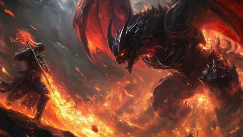 Flaming hero faces colossal demon in a storm of fire.