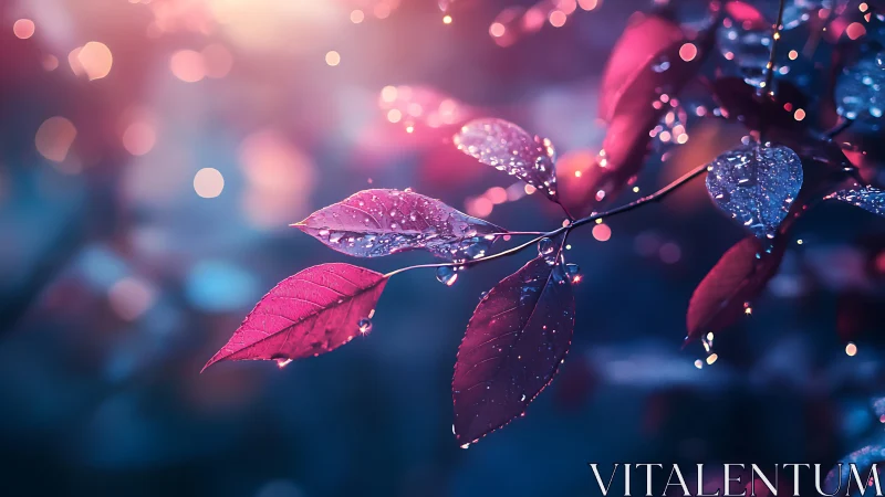 Dusky rose leaves sparkling with soft evening raindrops.