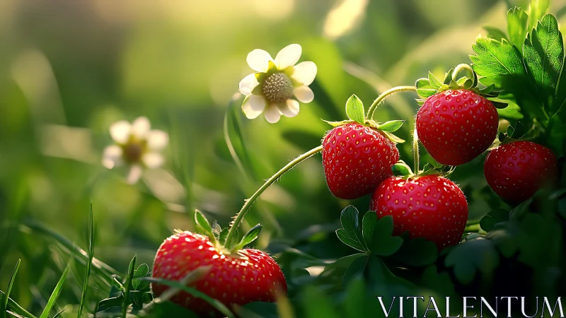 Ripe strawberries hang on low plants beside small white blossoms