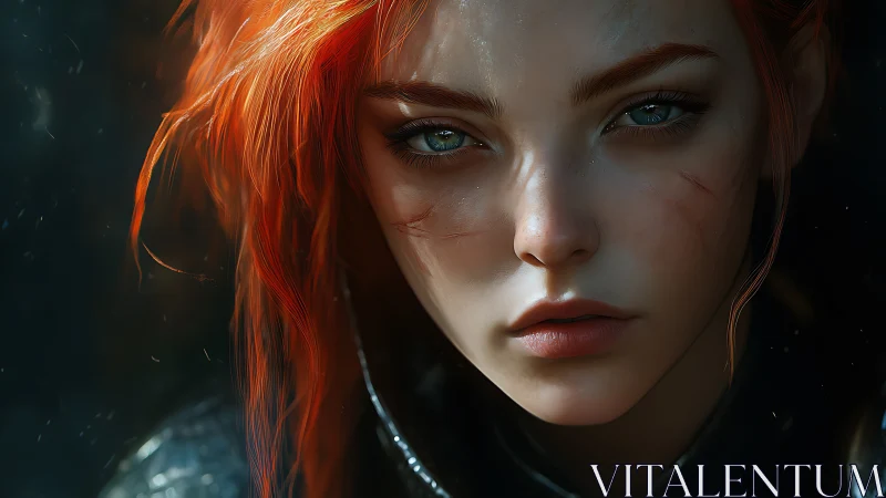 Fierce red haired heroine with calm, determined gaze.