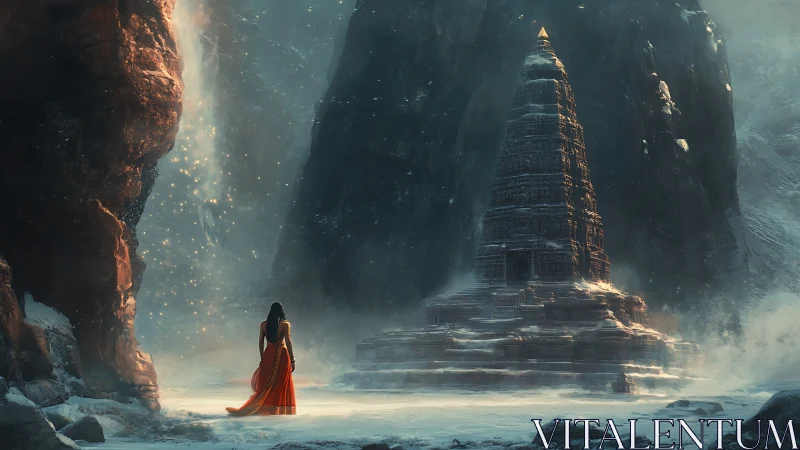 Solitary figure before stepped stone tower in icy gorge.