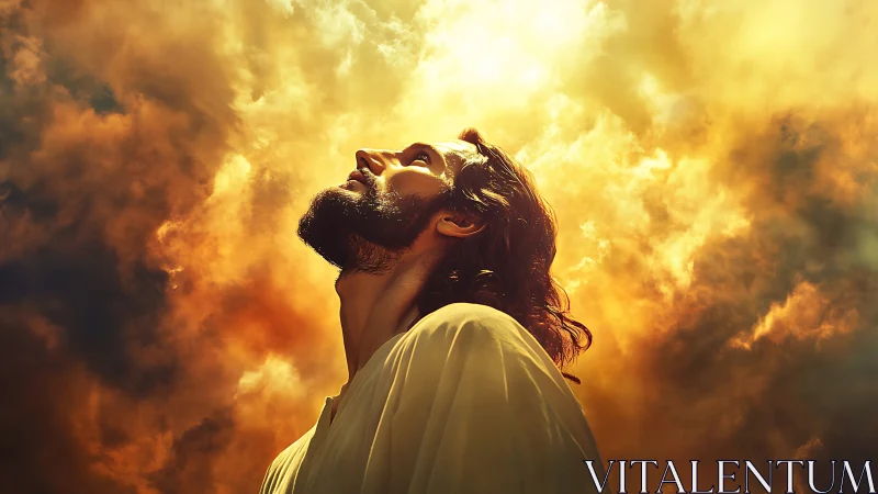 Radiant robed figure gazes upward through blazing clouds.