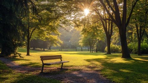Morning sunlight filters through park trees onto empty bench.
