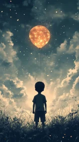 Young dreamer beneath a glowing sky balloon of scattered light.