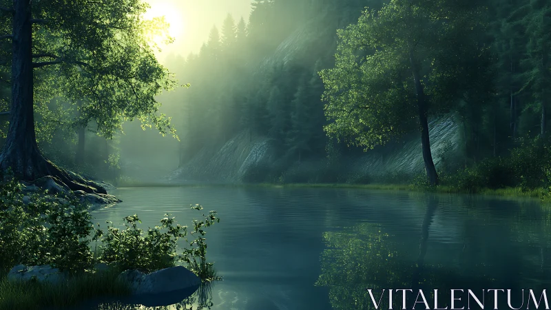 Luminous River Canyon: Misty Forest Gorge at Golden Hour.