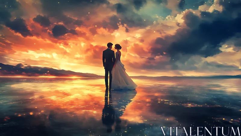 Bride and groom embrace beneath dramatic golden sunset.