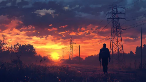 Lone wanderer walks under power lines at blazing sunset.