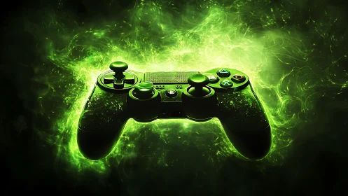 Glowing green game controller in vivid digital energy field.