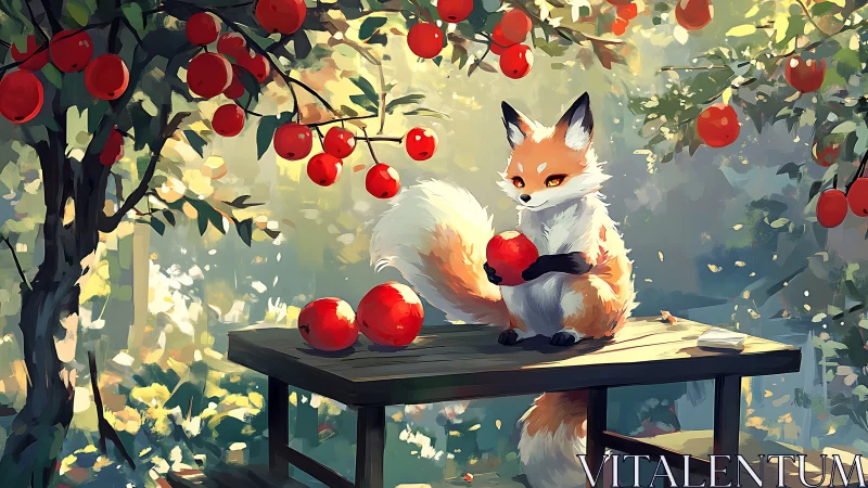 Curious fox studies a bright red apple in a sunlit orchard.