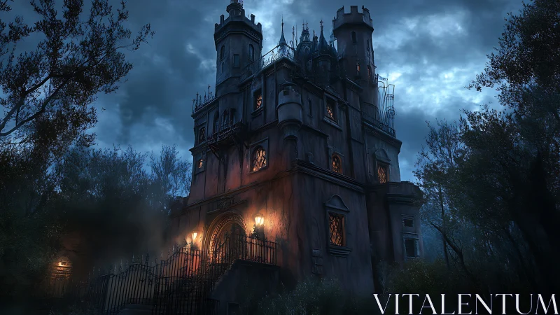 Gothic haunted manor rendered in moody cinematic digital painting