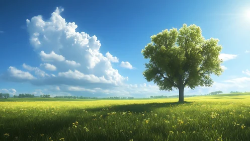 Solitary tree anchors sunlit meadow under towering clouds.