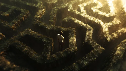 Golden maze corridor welcomes a thoughtful lone explorer