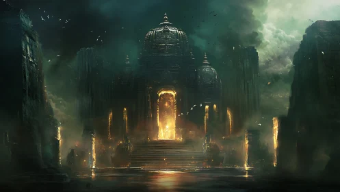 Ancient temple gate blazing with ethereal green light.