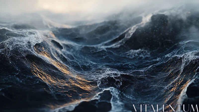 Detailed ocean surface with foamy waves under soft light.