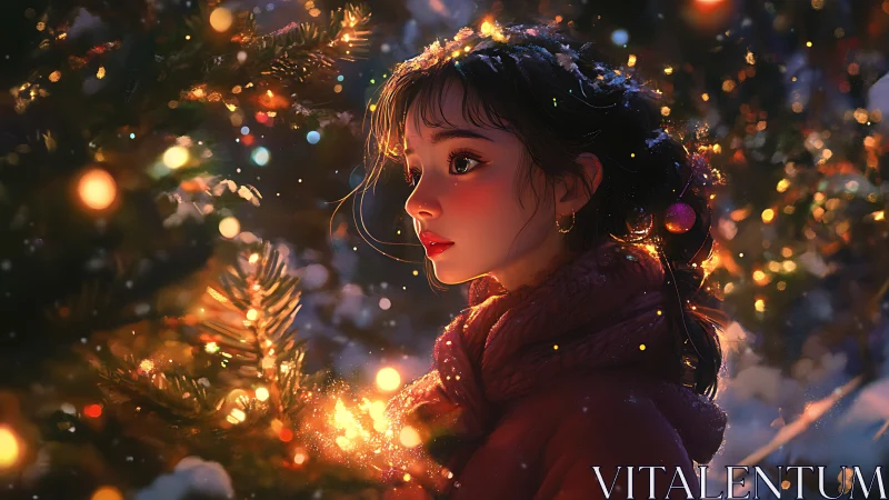 Soft winter lights glow gently around a girl in wonder