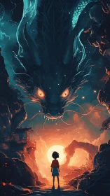 Child confronts glowing dragon in mystical canyon at dusk.