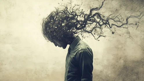 Figure with fragmented head transitions into branching forms