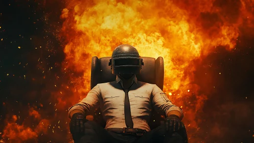 Helmeted seated figure before large background explosion.