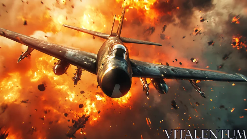 Military Aircraft in Intense Inferno Explosion Scene