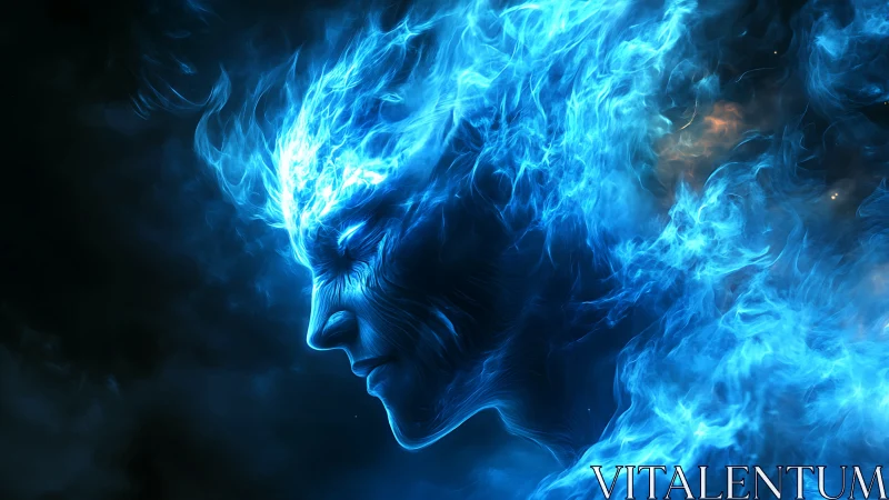 Serene blue flame spirit drifting through a cosmic hush.