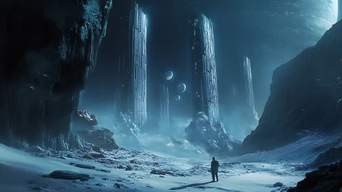 Solitary explorer surveys colossal monoliths on frozen exoplanet