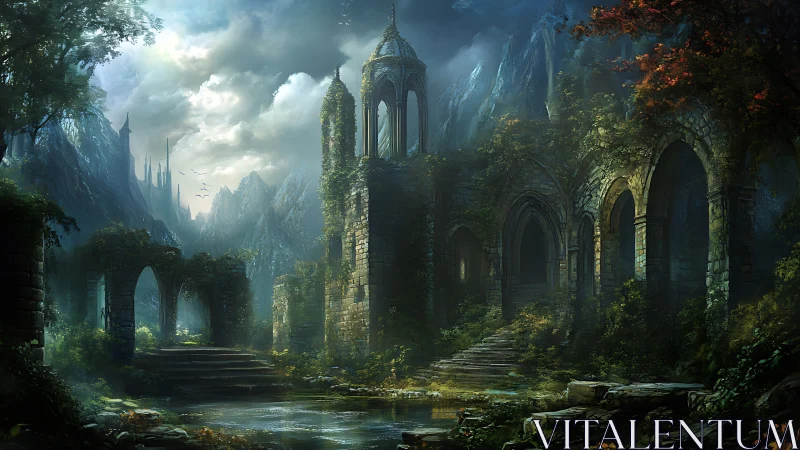 Moonlit ruins cradle a forgotten cathedral in misty vale.