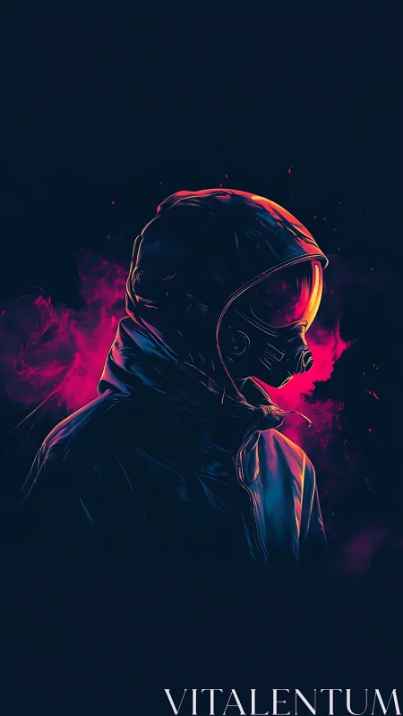 Neon drifter in a gas mask halo, glowing against void.