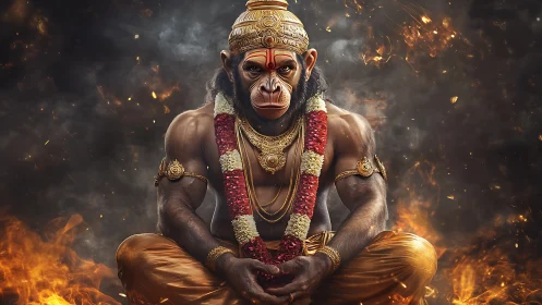 Fiery monkey warrior meditates in divine garlands and gold.