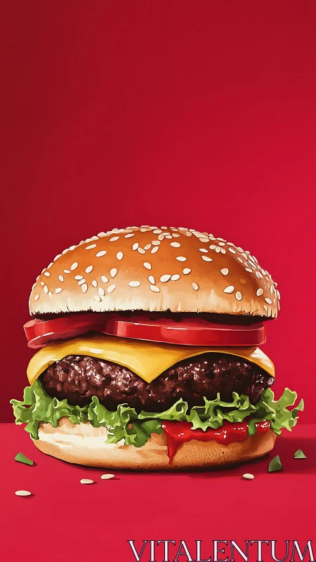 Rendered cheeseburger stands centered against uniform red background