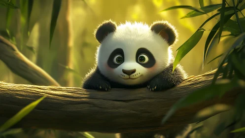 Young cartoon panda resting on tree branch in forest.