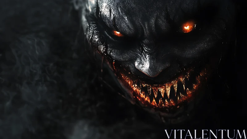 Infernal demonic visage with bioluminescent eyes and fanged maw