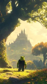 Gentle green ogre gazes toward a sunlit fairytale castle.