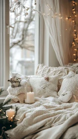 Winter window nook with candles and neutral textiles.