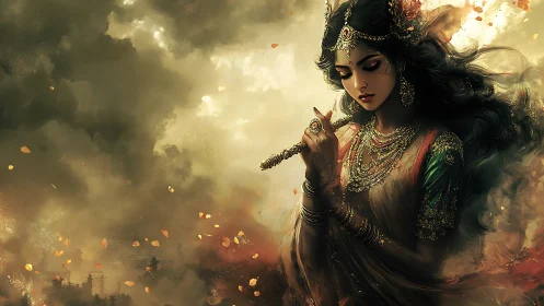 Divine flutist in swirling golden storm of petals and light.