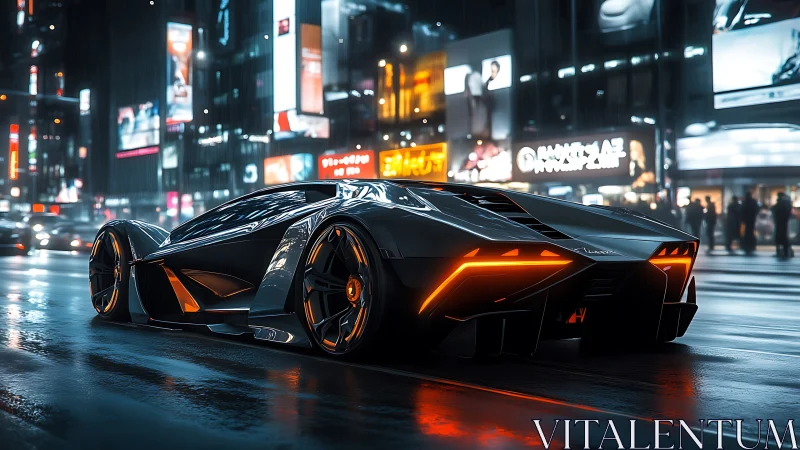 Cyberpunk hypercar rendered in neon-drenched nightscape streets.