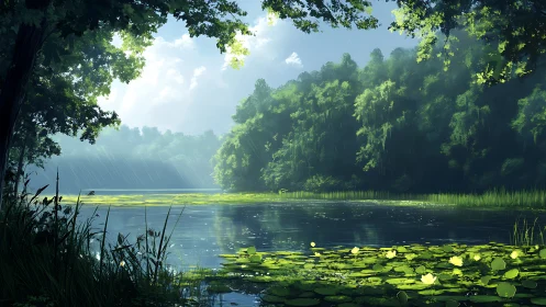 Sunlit forest lake with rain-lit atmosphere in digital painting