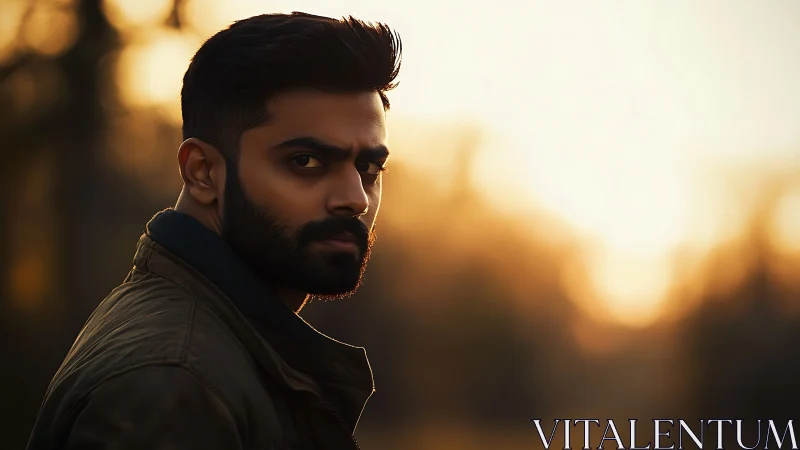 Male portrait captures golden hour backlight and shallow focus.