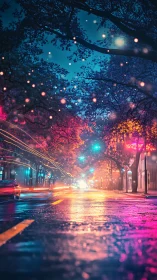 Night street scene records wet asphalt and multicolored lights