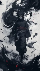 Dark-eyed ninja strides through swirling shadow energy confidently