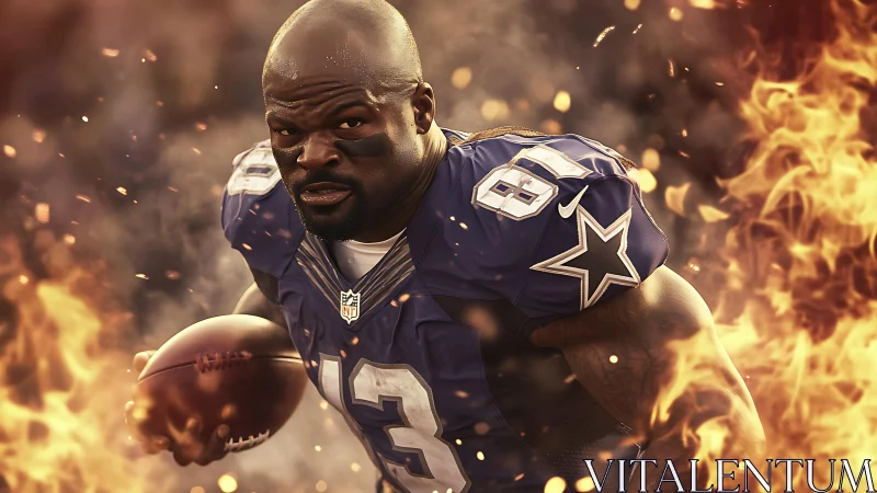 Gridiron runner in blue jersey framed by cinematic flames.