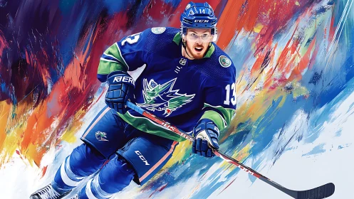 Hockey player in blue jersey charging on colorful ice.