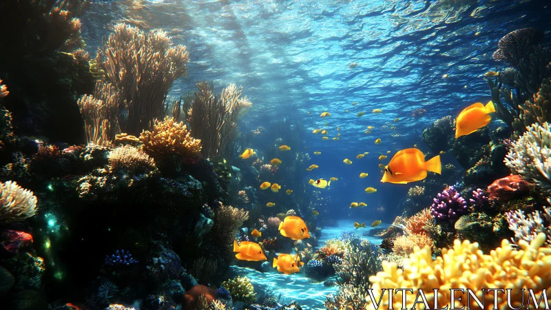 Sunlit coral boulevard where golden reef fish drift by.